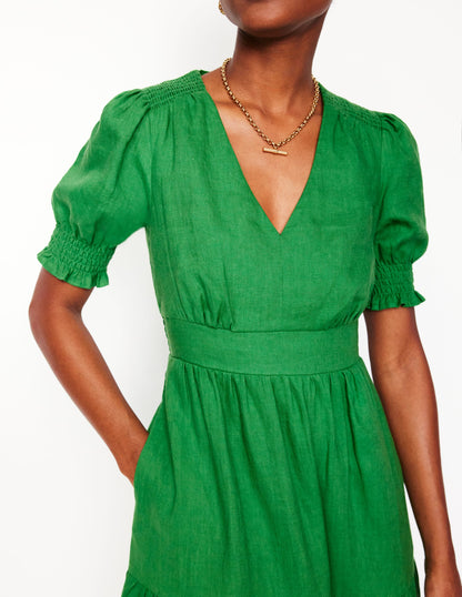 Anna Linen Tiered Midi Dress-Paradise Green