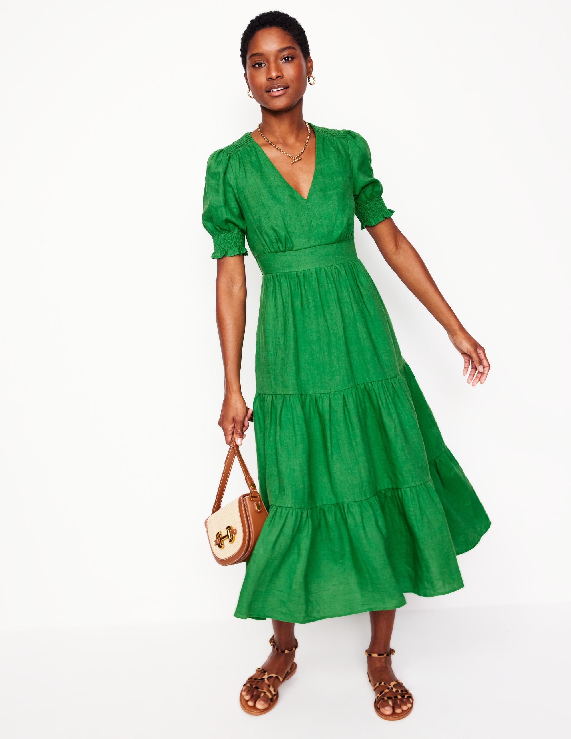 Anna Linen Tiered Midi Dress-Paradise Green - Image 5