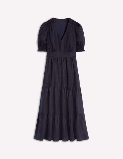 Anna Linen Tiered Midi Dress-Navy