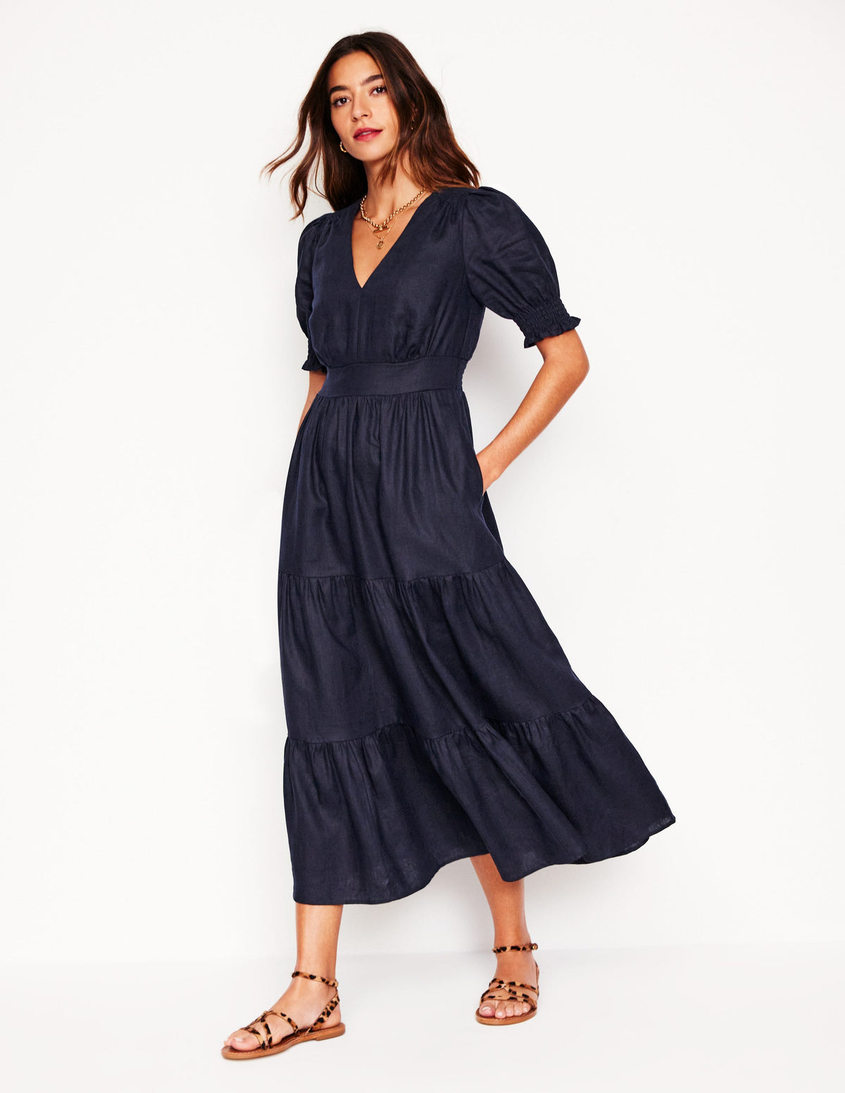 Anna Linen Tiered Midi Dress-Navy - Image 1