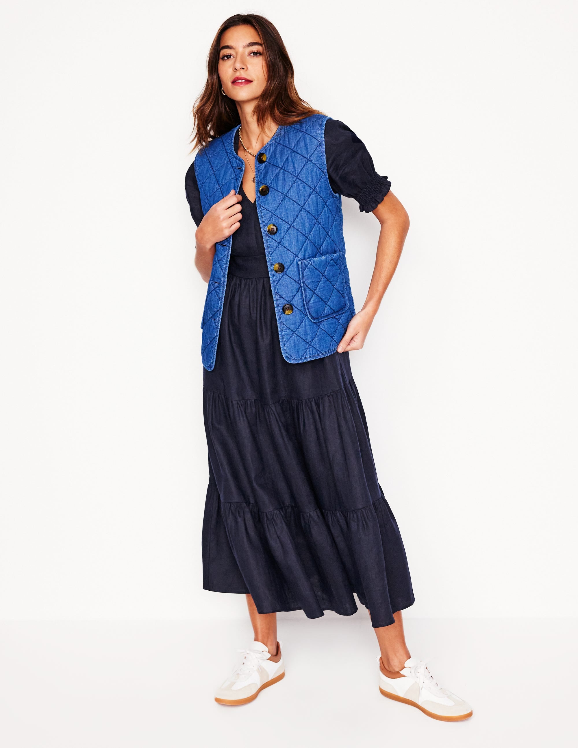 Anna Linen Tiered Midi Dress-Navy - Image 5