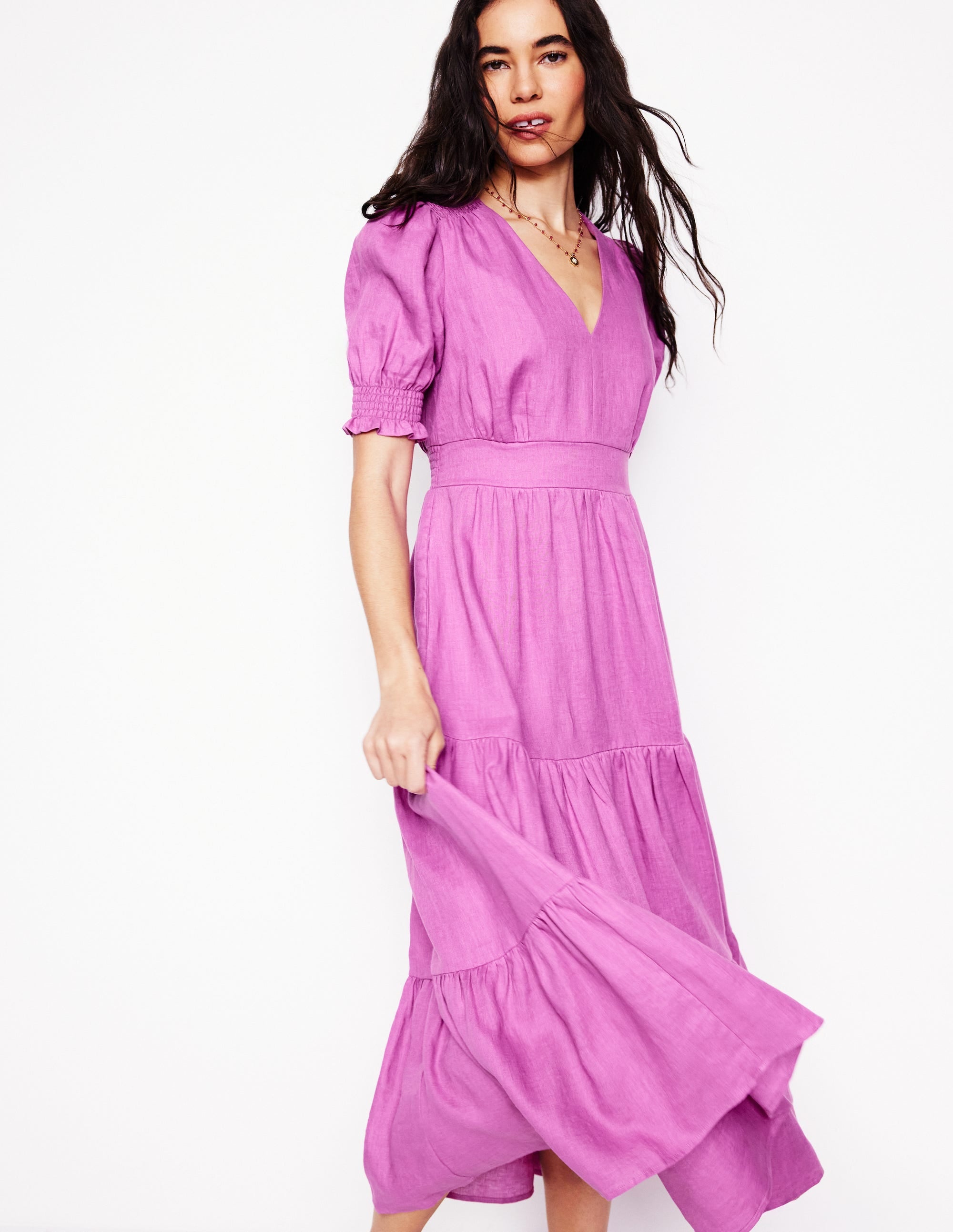 Anna Linen Tiered Midi Dress-Foxglove Purple - Image 1