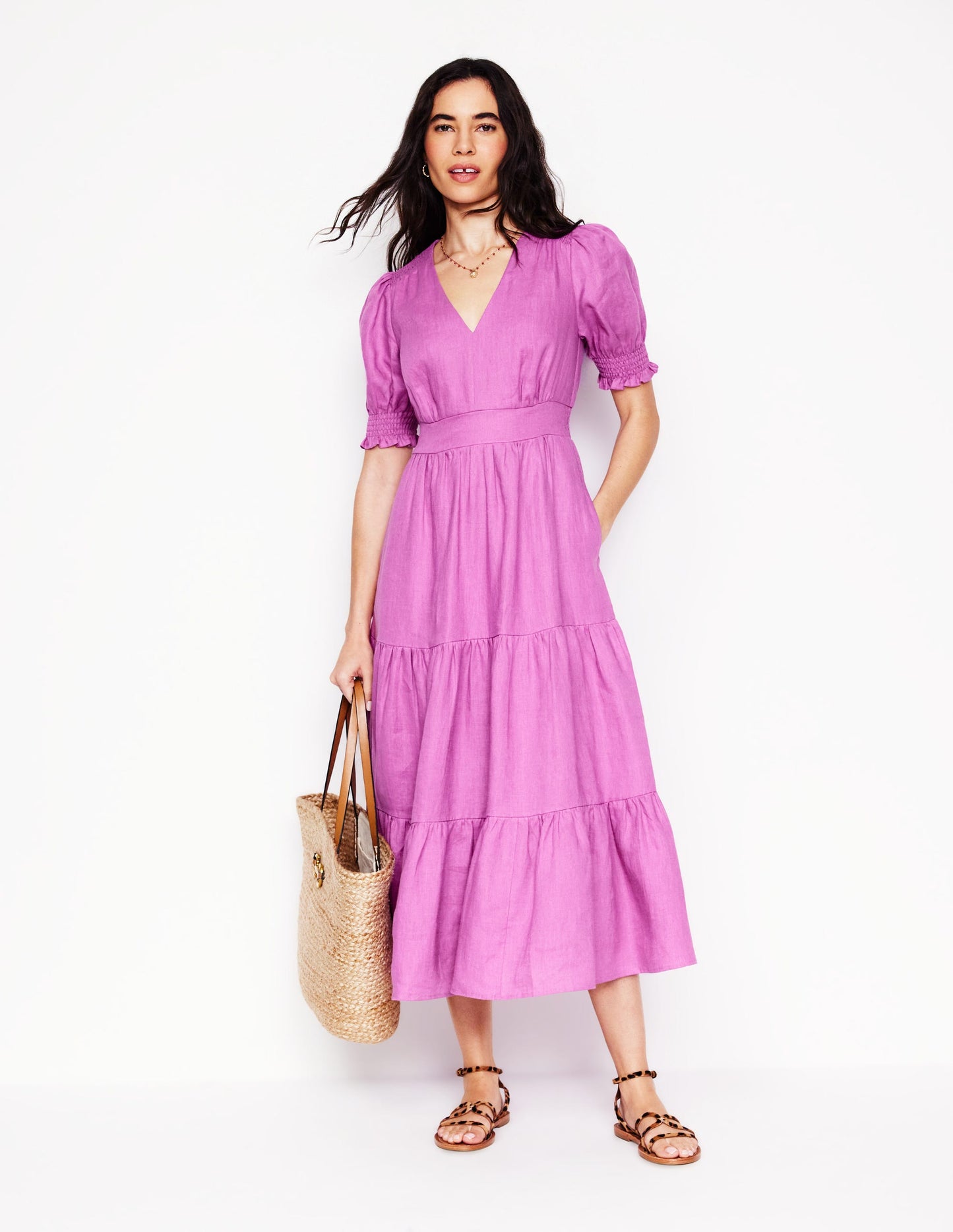 Anna Linen Tiered Midi Dress-Foxglove Purple