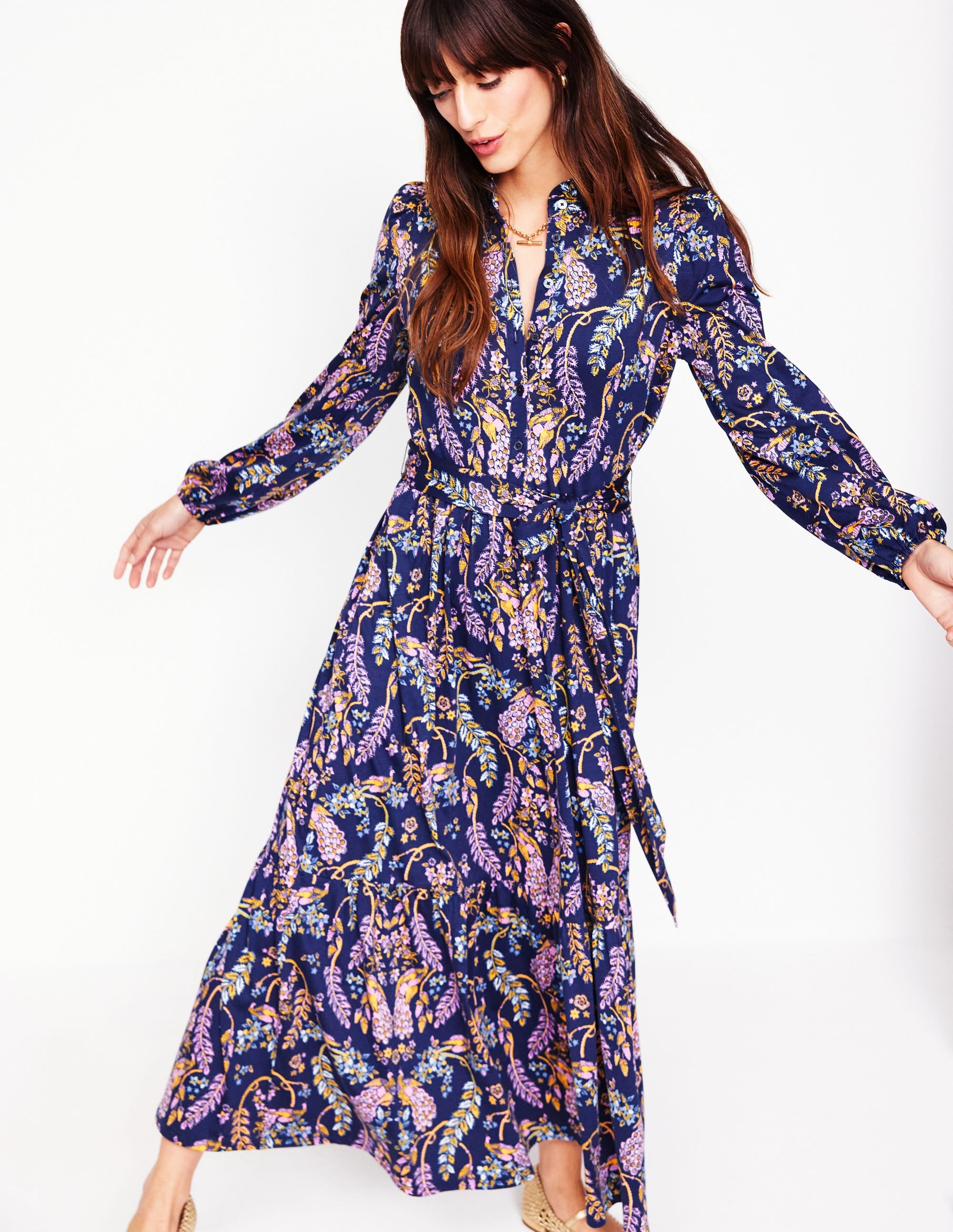 Willow Tiered Jersey Dress-French Navy,Enchanting Peacock - Image 4