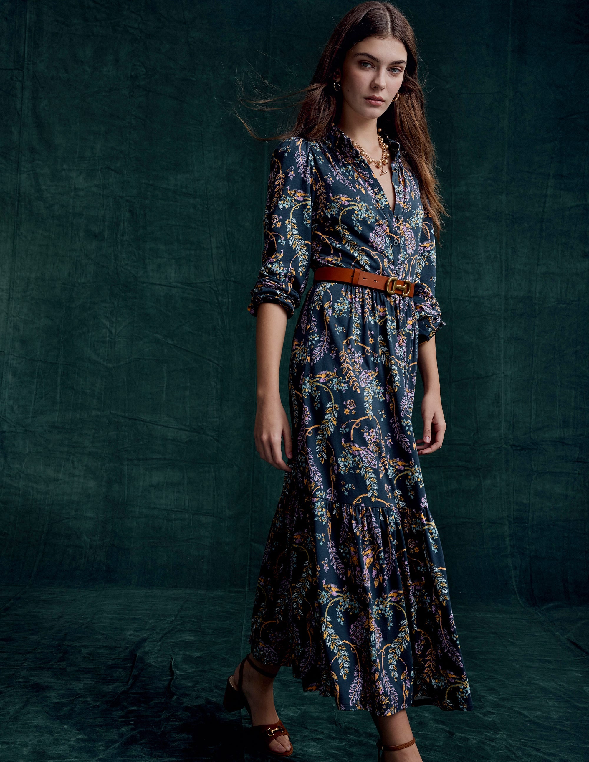 Willow Tiered Jersey Dress-French Navy,Enchanting Peacock - Image 5