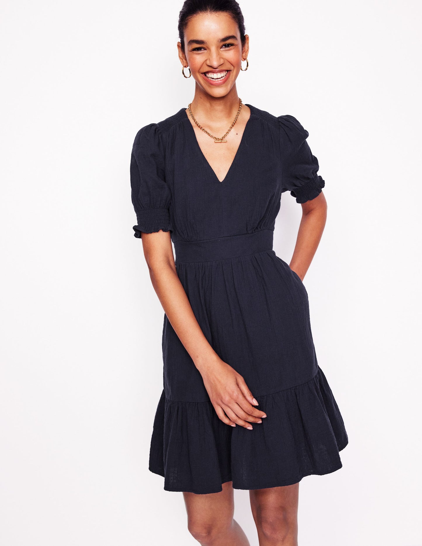 Anna Double Cloth Short Dress-Navy