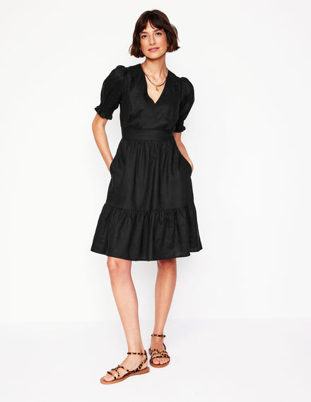 Anna Linen Short Dress-Black