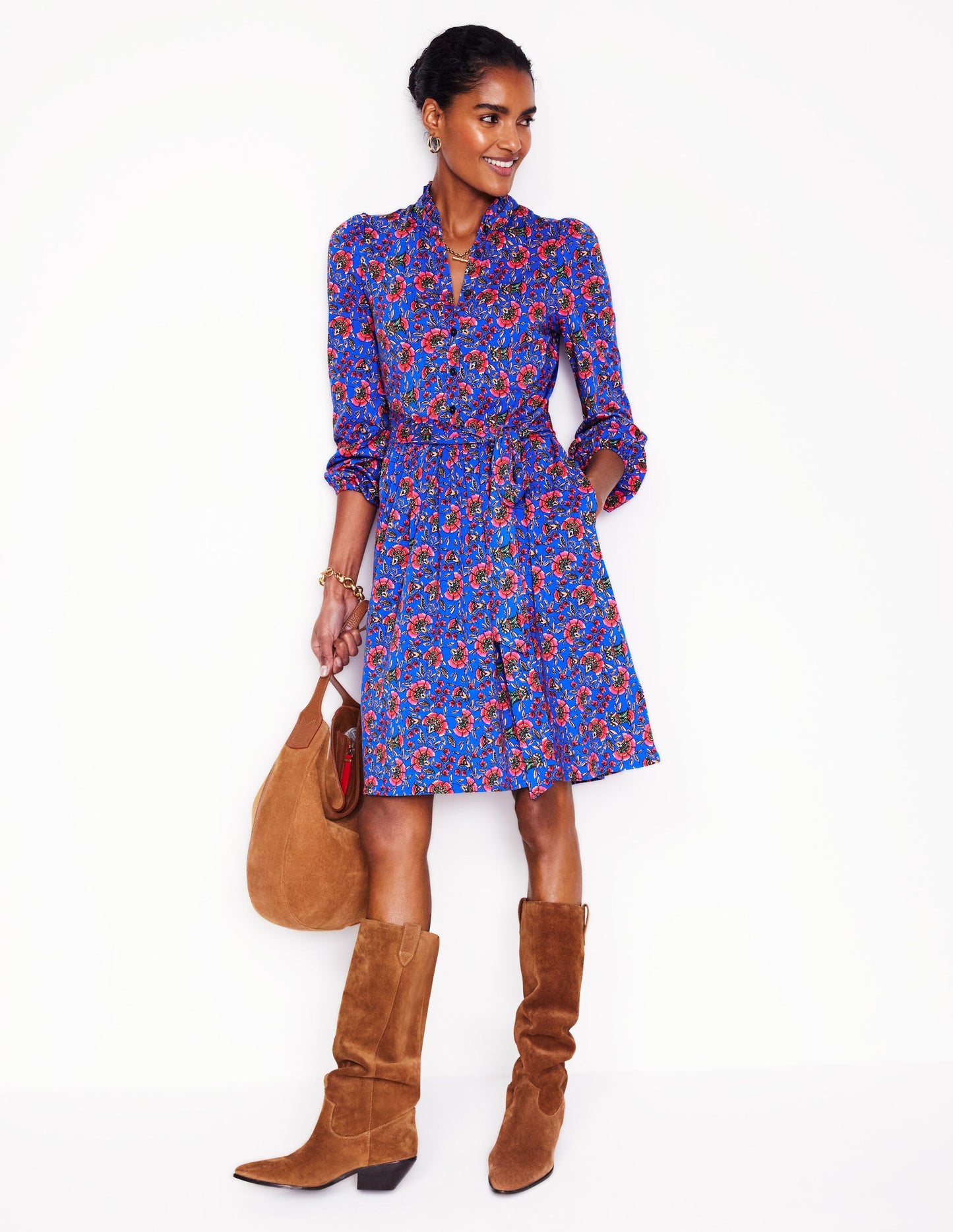 Willow Frill Short Shirt Dress-Gallery Blue, Decorative Vine