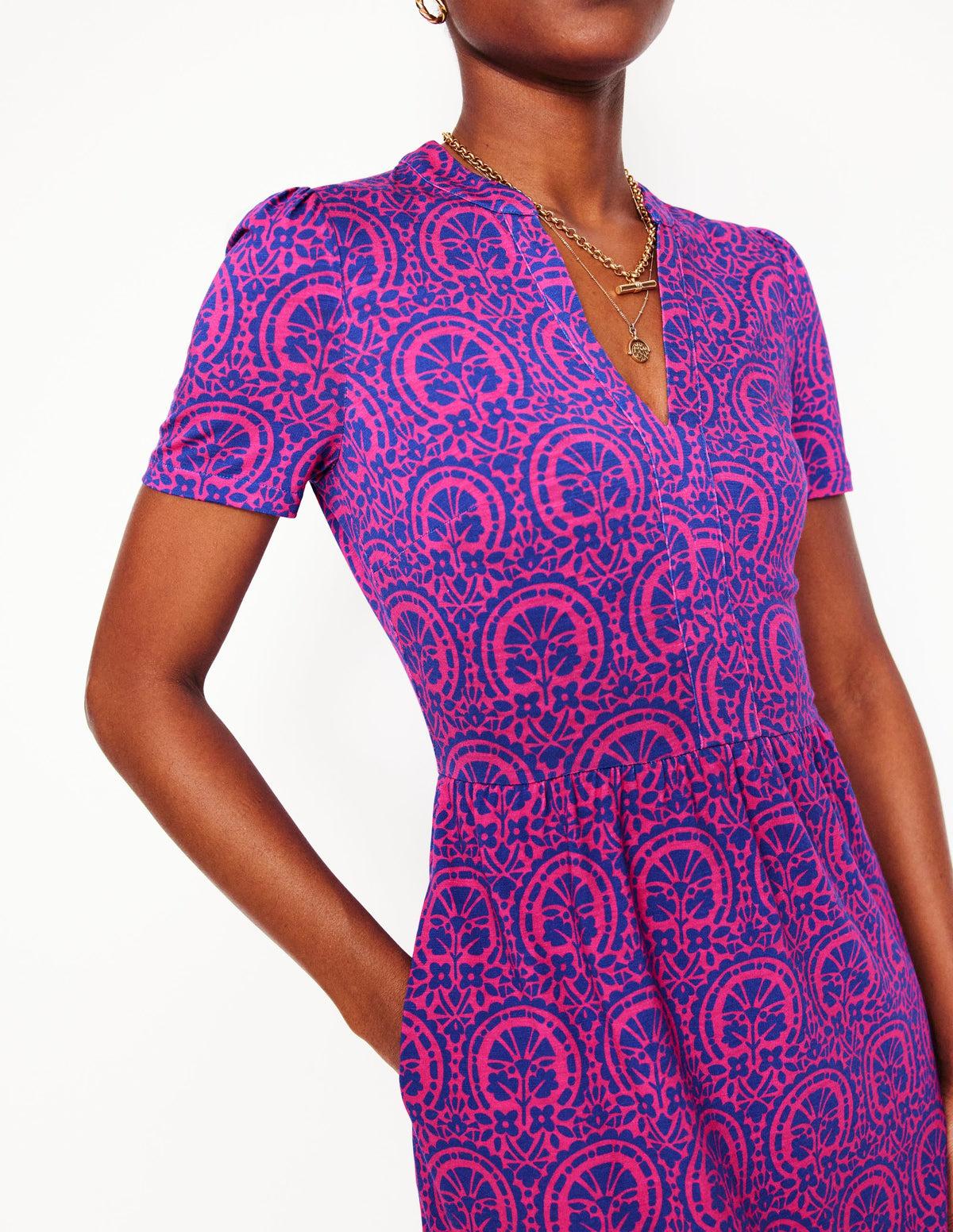 Naomi Short Sleeve Dress-Pink Peony Elaborate Stamp - Image 2