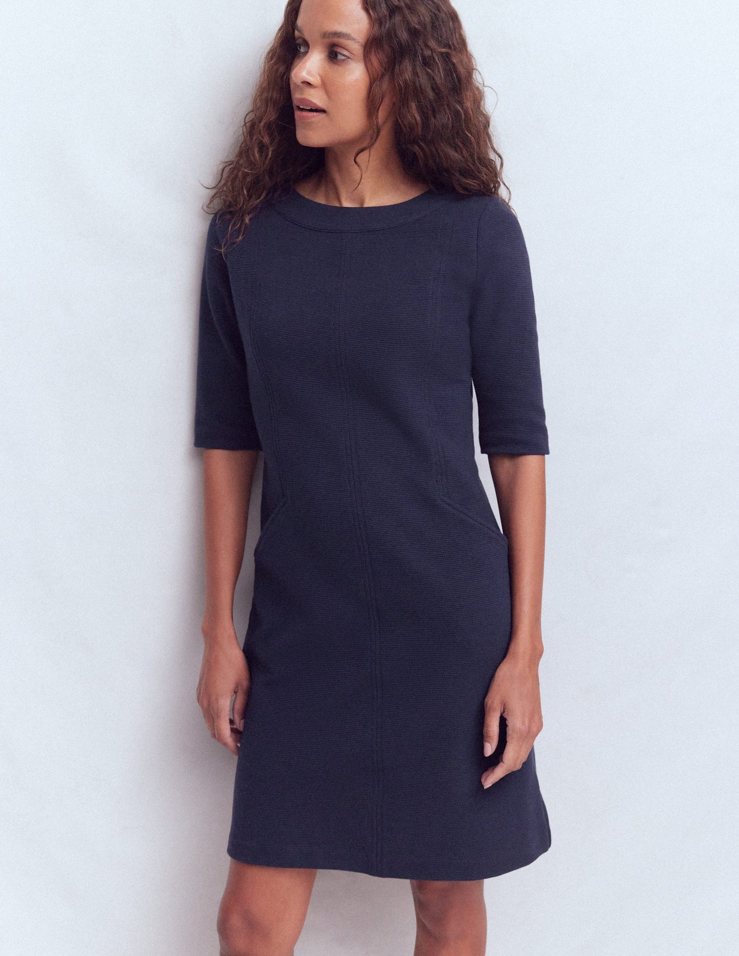 Neckband Ottoman Shift Dress-Navy