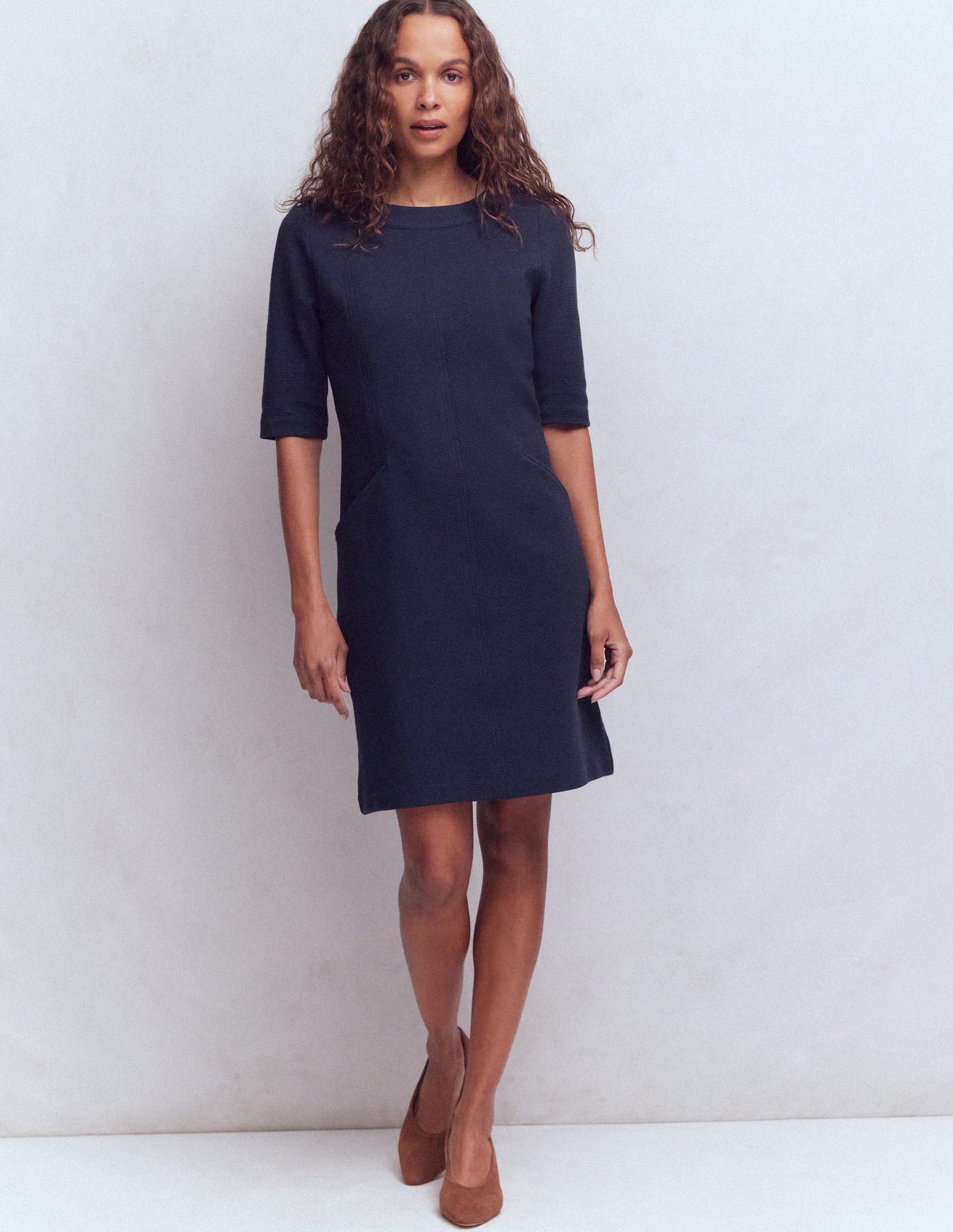 Neckband Ottoman Shift Dress-Navy-4