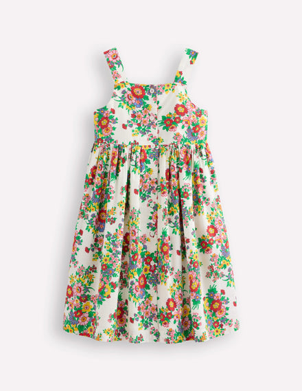 Button Through Woven Dress-Ivory Flower Bunch