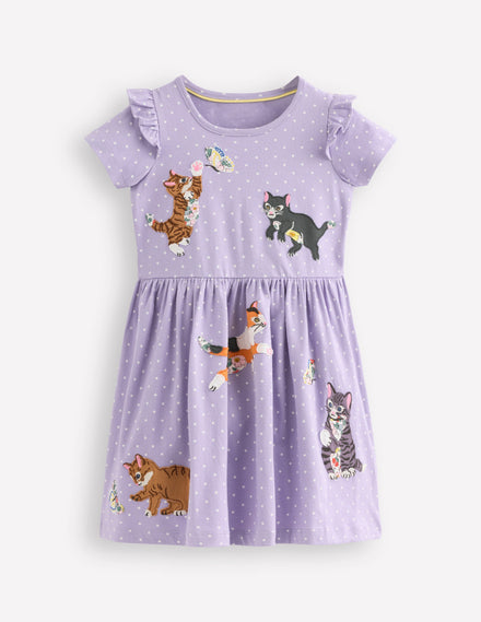 Jersey Applique Dress-Misty Lavender Cats