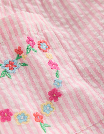 Short-sleeved woven tunic-Ticking Pink Embroidery-3