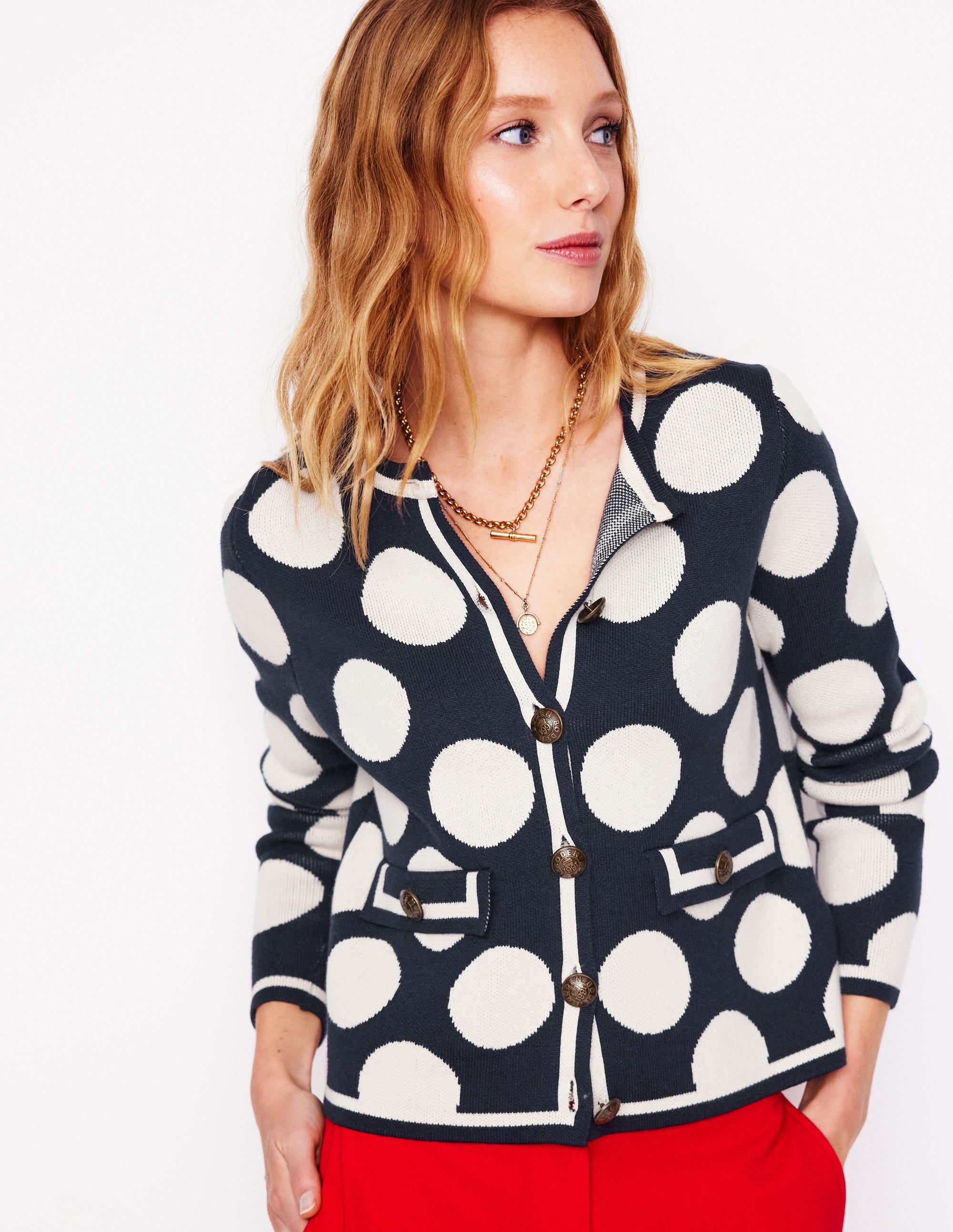 Holly Knitted Jacket-French Navy, Large Ivory Spot - Image 1