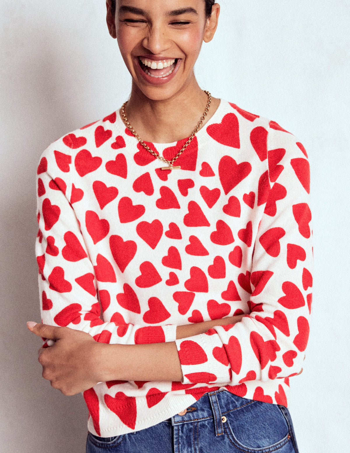 Eva Cashmere Crew Neck Sweater-Ivory, Heart Cluster - Image 1
