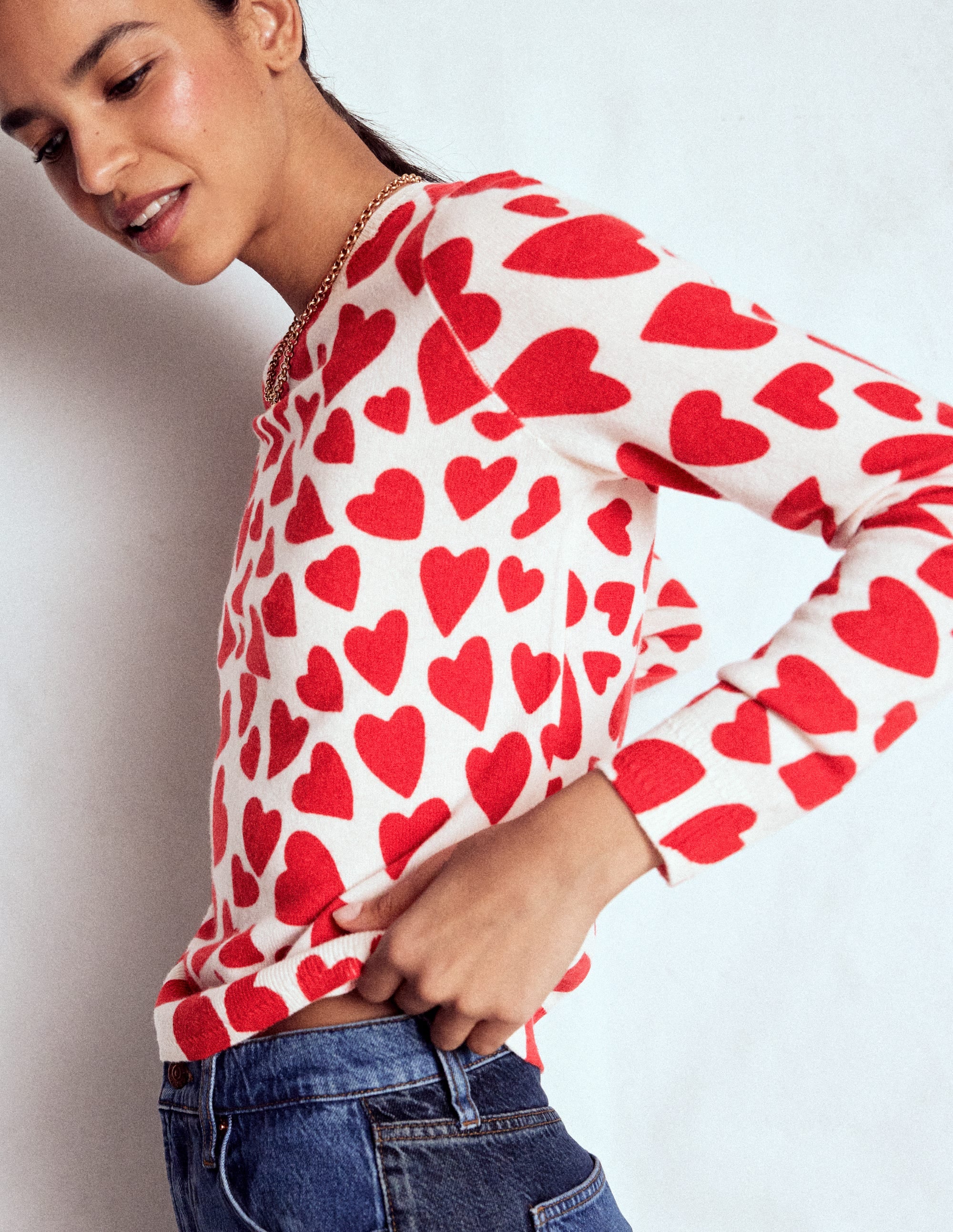 Eva Cashmere Crew Neck Sweater-Ivory, Heart Cluster - Image 2