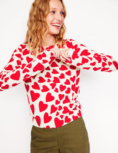 Eva Cashmere Crew Neck Sweater-Ivory, Heart Cluster