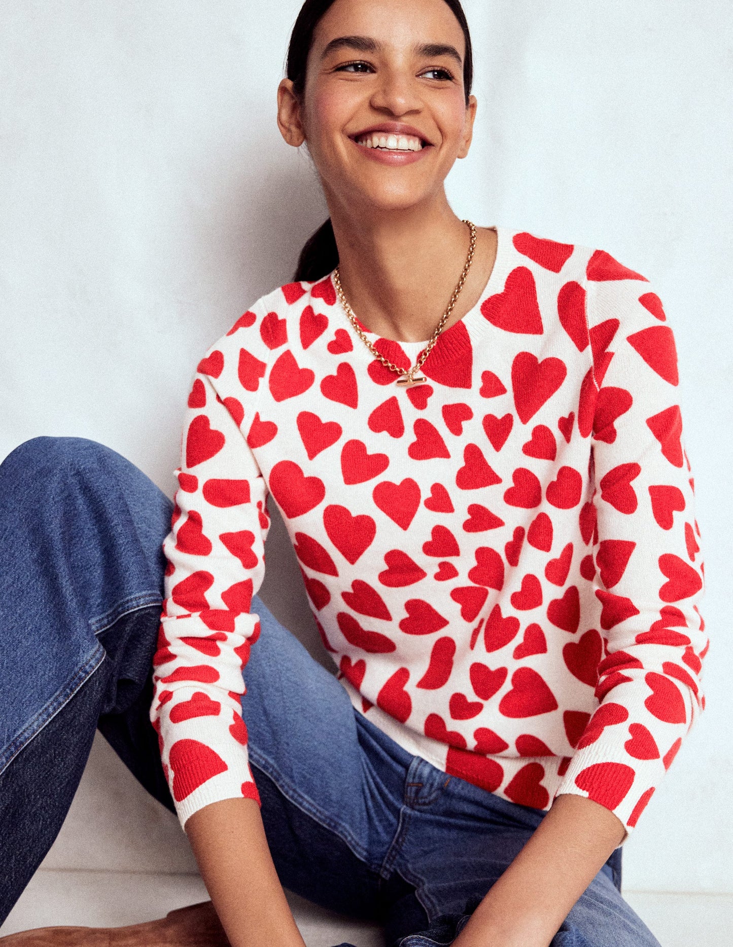 Eva Cashmere Crew Neck Sweater-Ivory, Heart Cluster