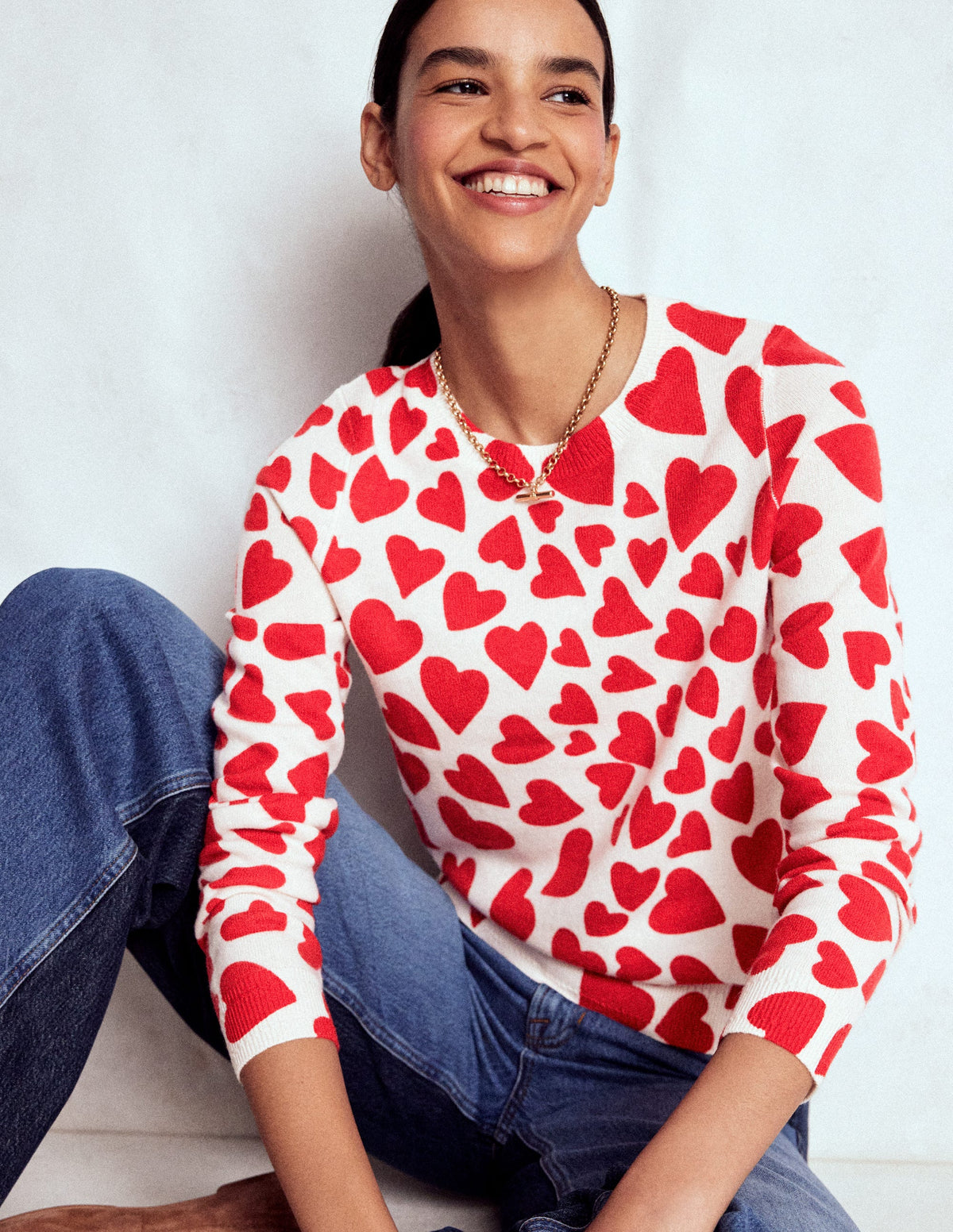 Eva Cashmere Crew Neck Sweater-Ivory, Heart Cluster - Image 4