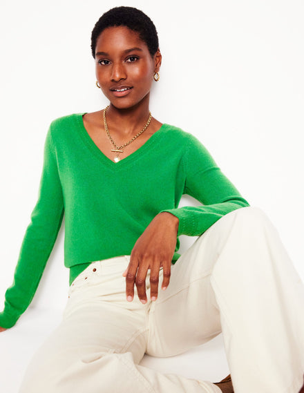 Eva Cashmere V-Neck Sweater-Paradise Green