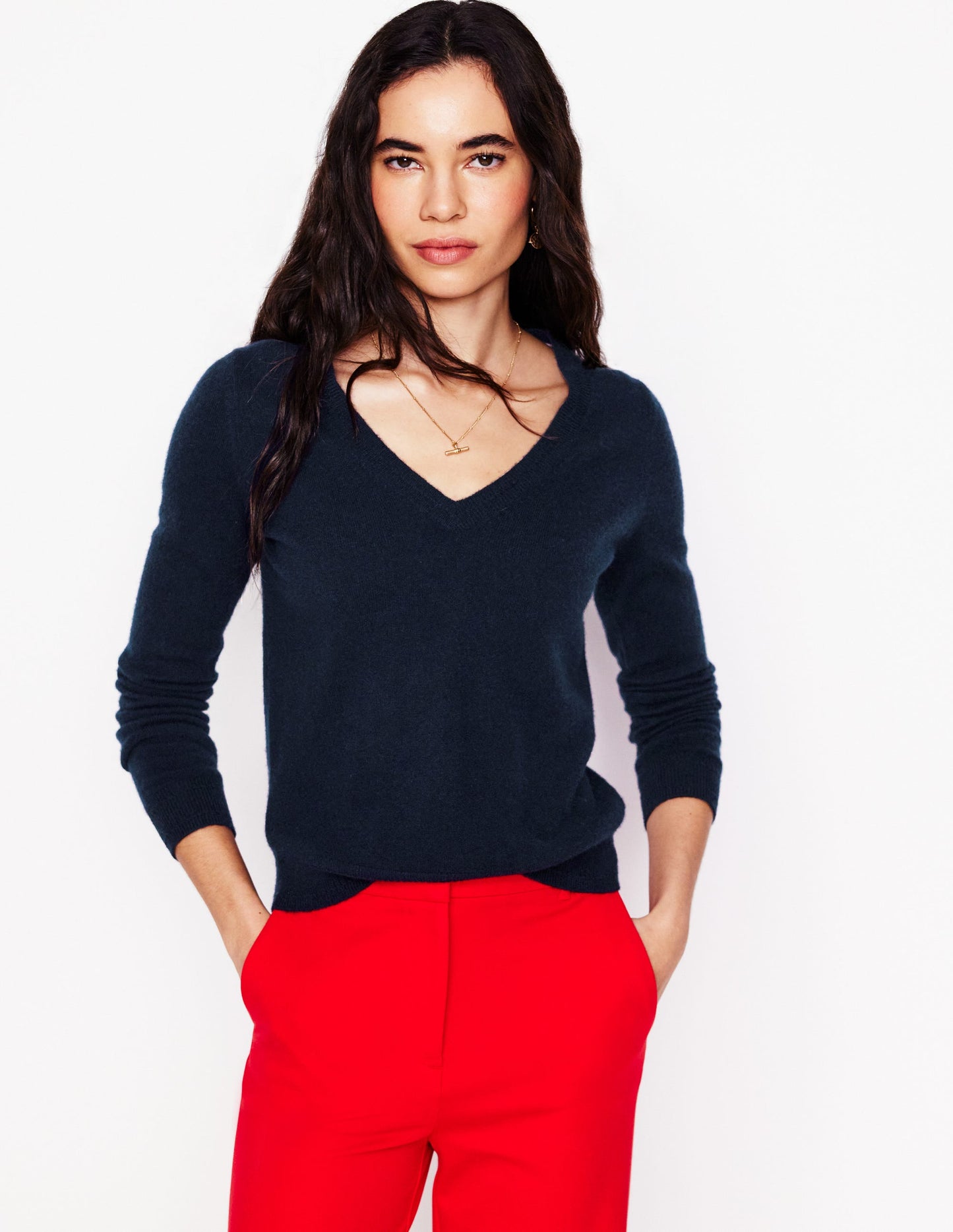 Eva Cashmere V-Neck Sweater-Navy