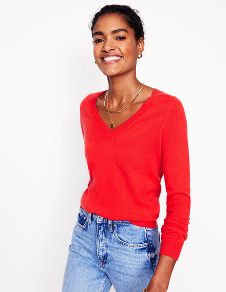 Eva Cashmere V-Neck Sweater-Strawberry Tart Red