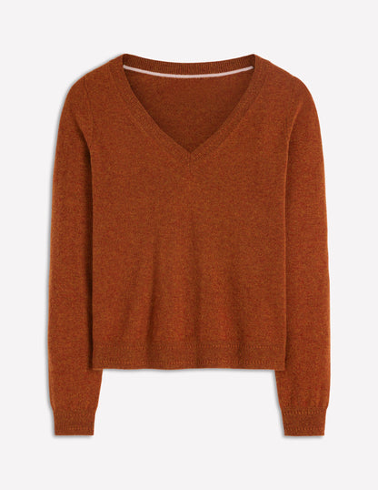 Eva Cashmere V-Neck Sweater-Cognac Melange-5