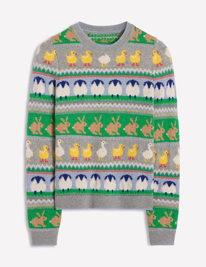 Edie Fair Isle Sweater-Grey Melange, Animal