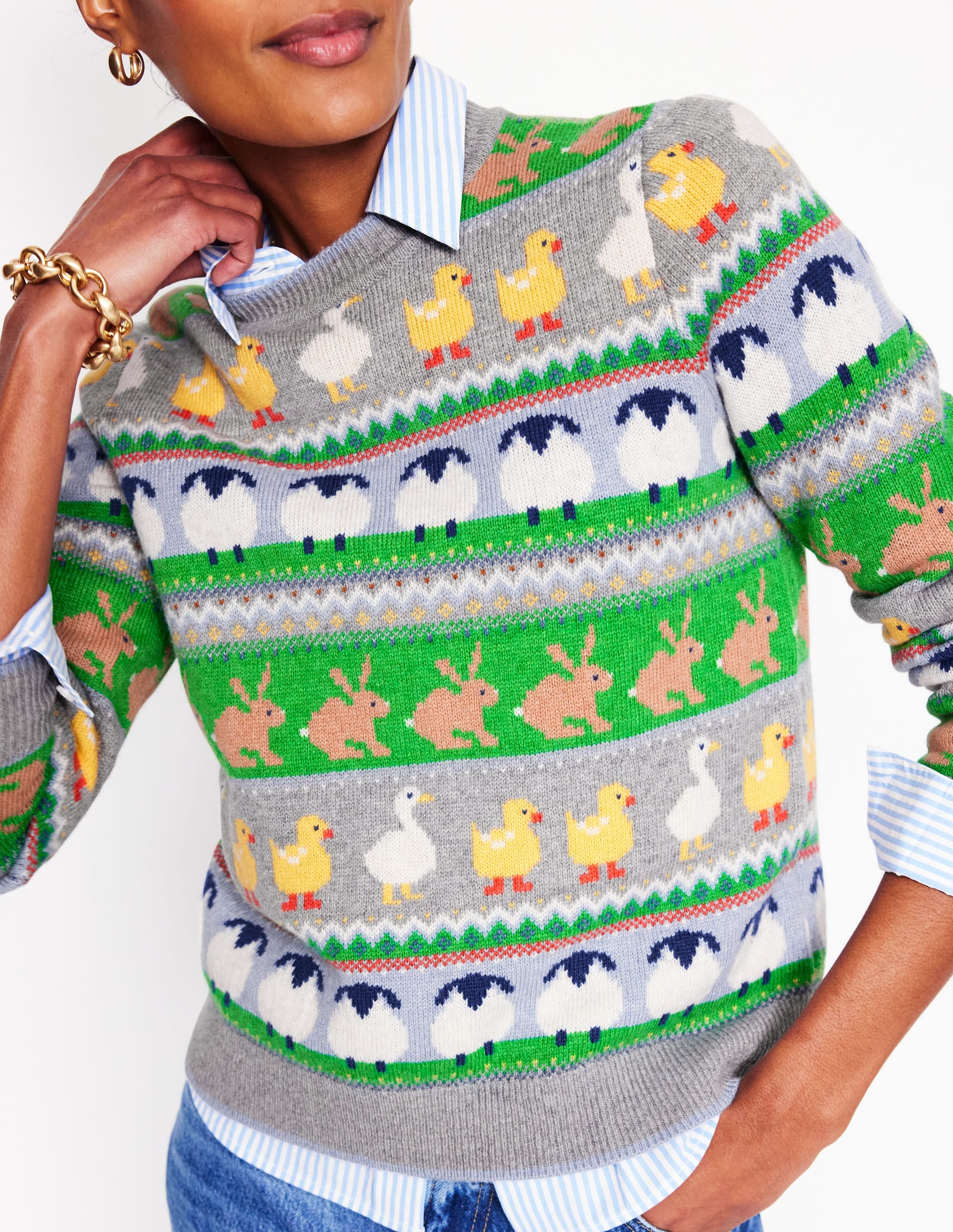 Edie Fair Isle Sweater-Grey Melange, Animal - Image 2