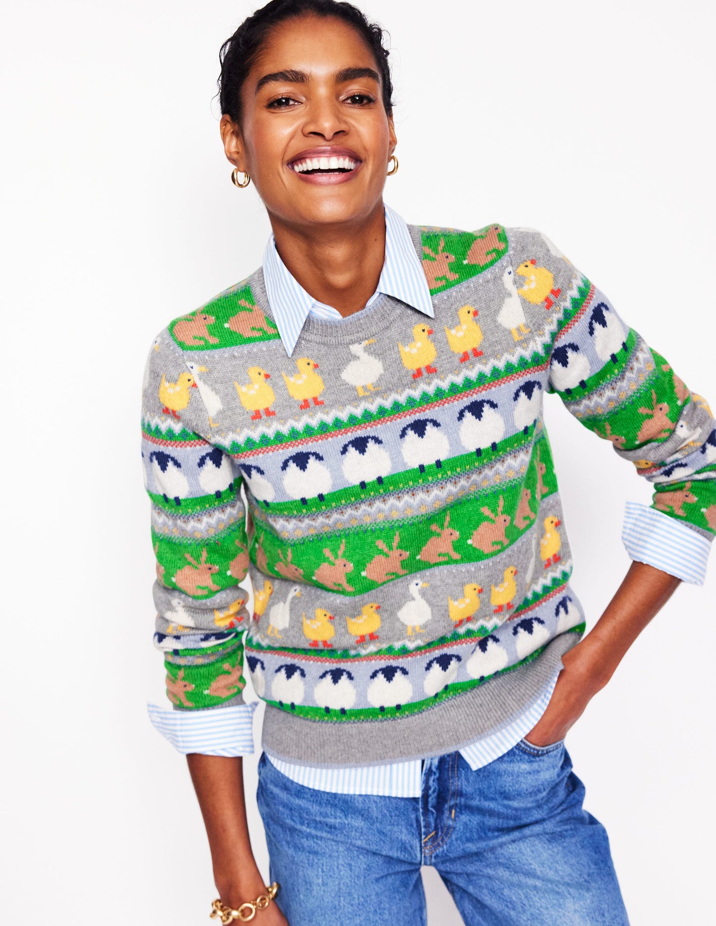 Edie Fair Isle Sweater-Grey Melange, Animal