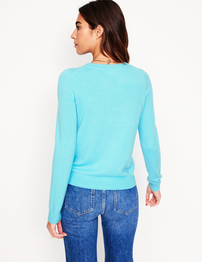 Eva Cashmere Crew Cardigan-Caribbean Blue