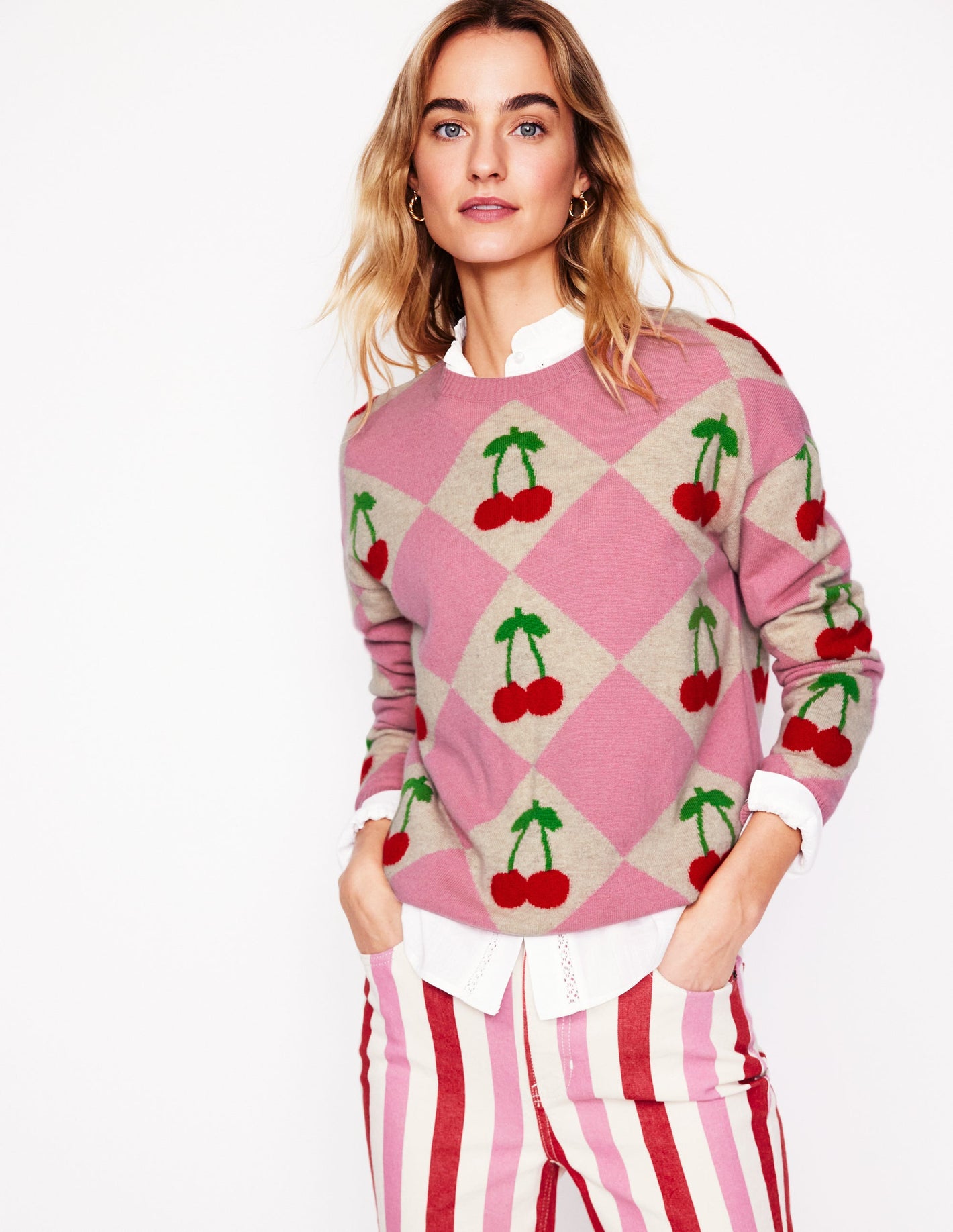 Lydia Cashmere Jumper-Pink, Cherry Argyle