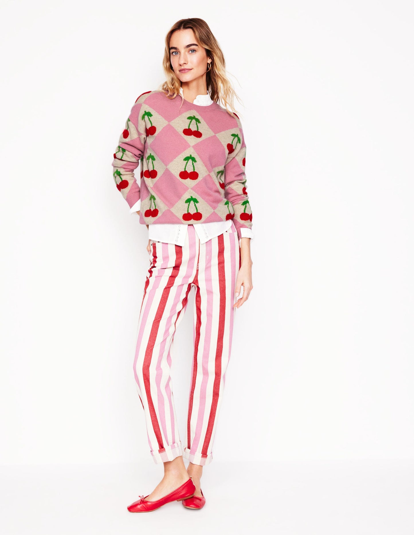 Lydia Cashmere Jumper-Pink, Cherry Argyle