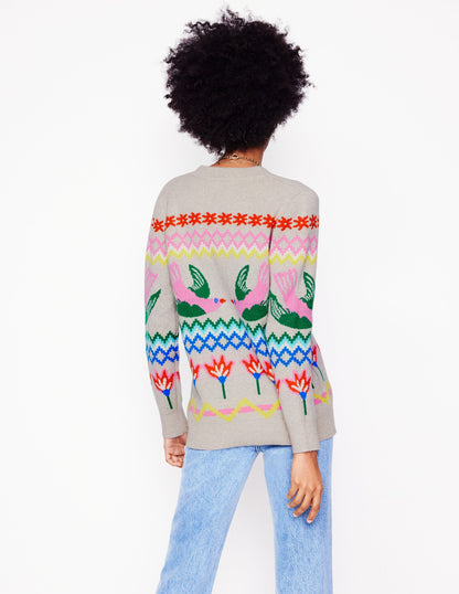 Fair Isle Boyfriend Cardigan-Oatmeal Melange, Birds