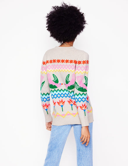 Fair Isle Boyfriend Cardigan-Oatmeal Melange, Birds