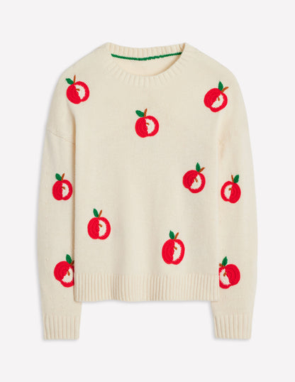 Novelty Embroidered Sweater-Warm Ivory, Apples