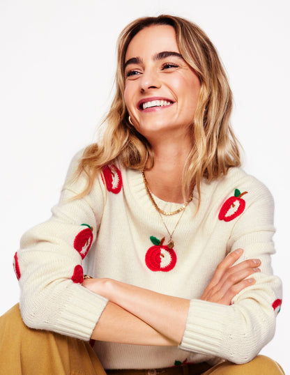 Novelty Embroidered Sweater-Warm Ivory, Apples