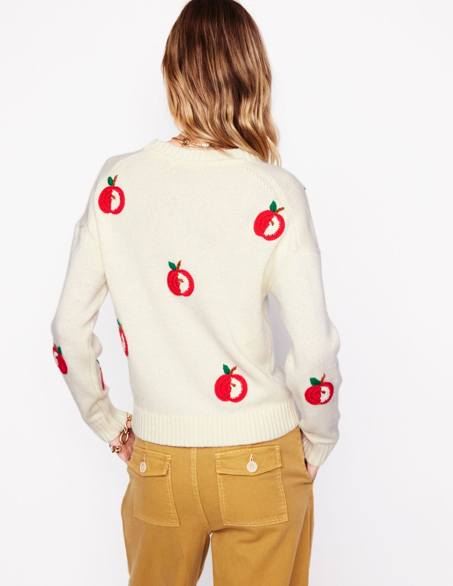 Novelty Embroidered Sweater-Warm Ivory, Apples