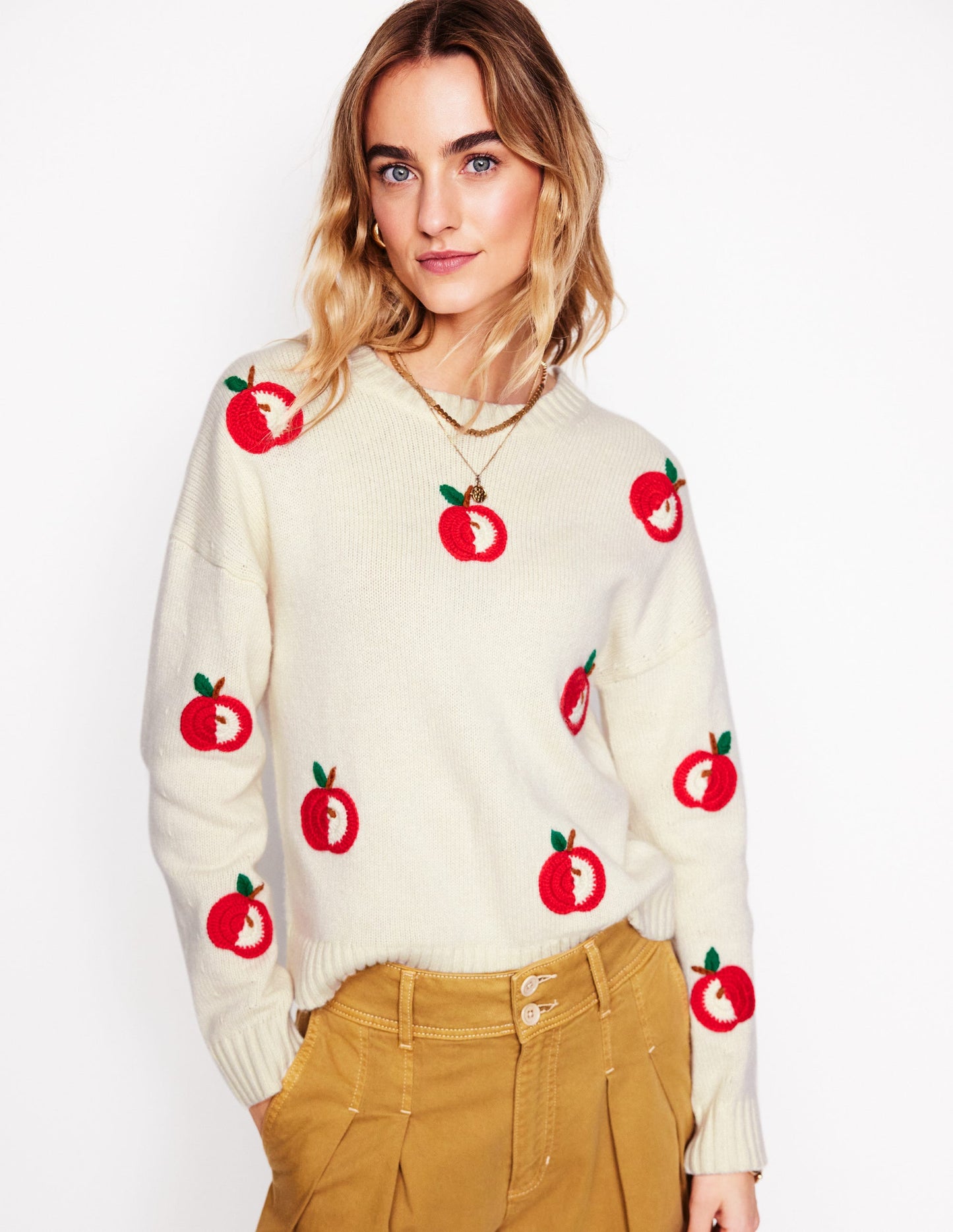 Novelty Embroidered Sweater-Warm Ivory, Apples