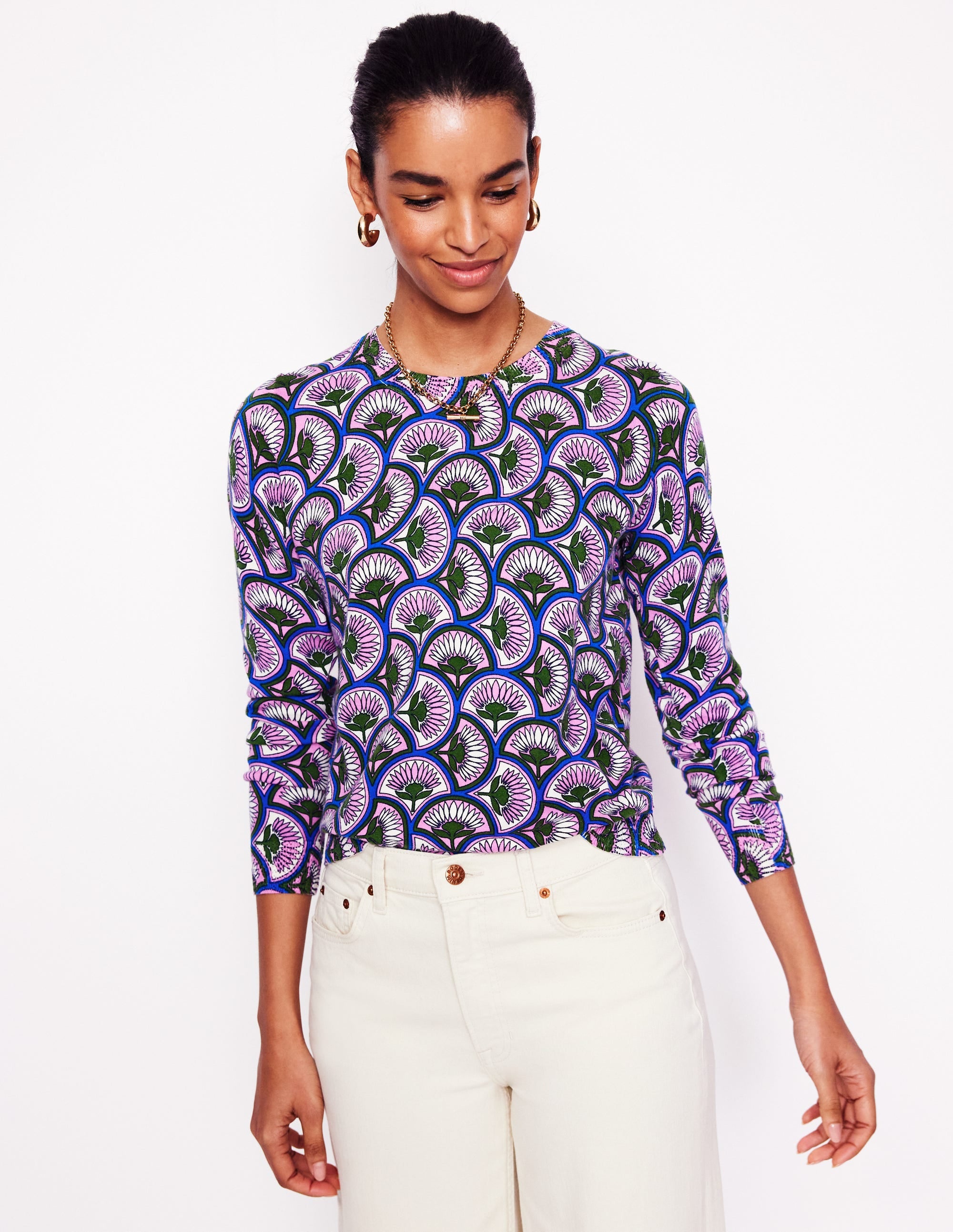 Emilia Cotton Crew Sweater-Soft Lavender Pink, Daisy Arc - Image 1