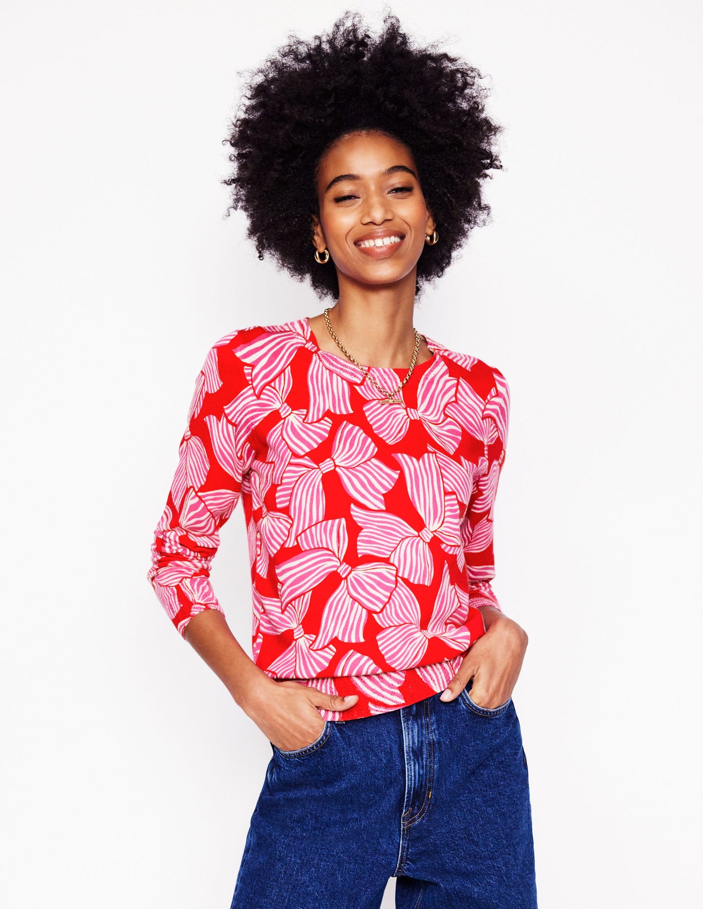 Emilia Cotton Crew Sweater-Poppy Red, Bow Scatter