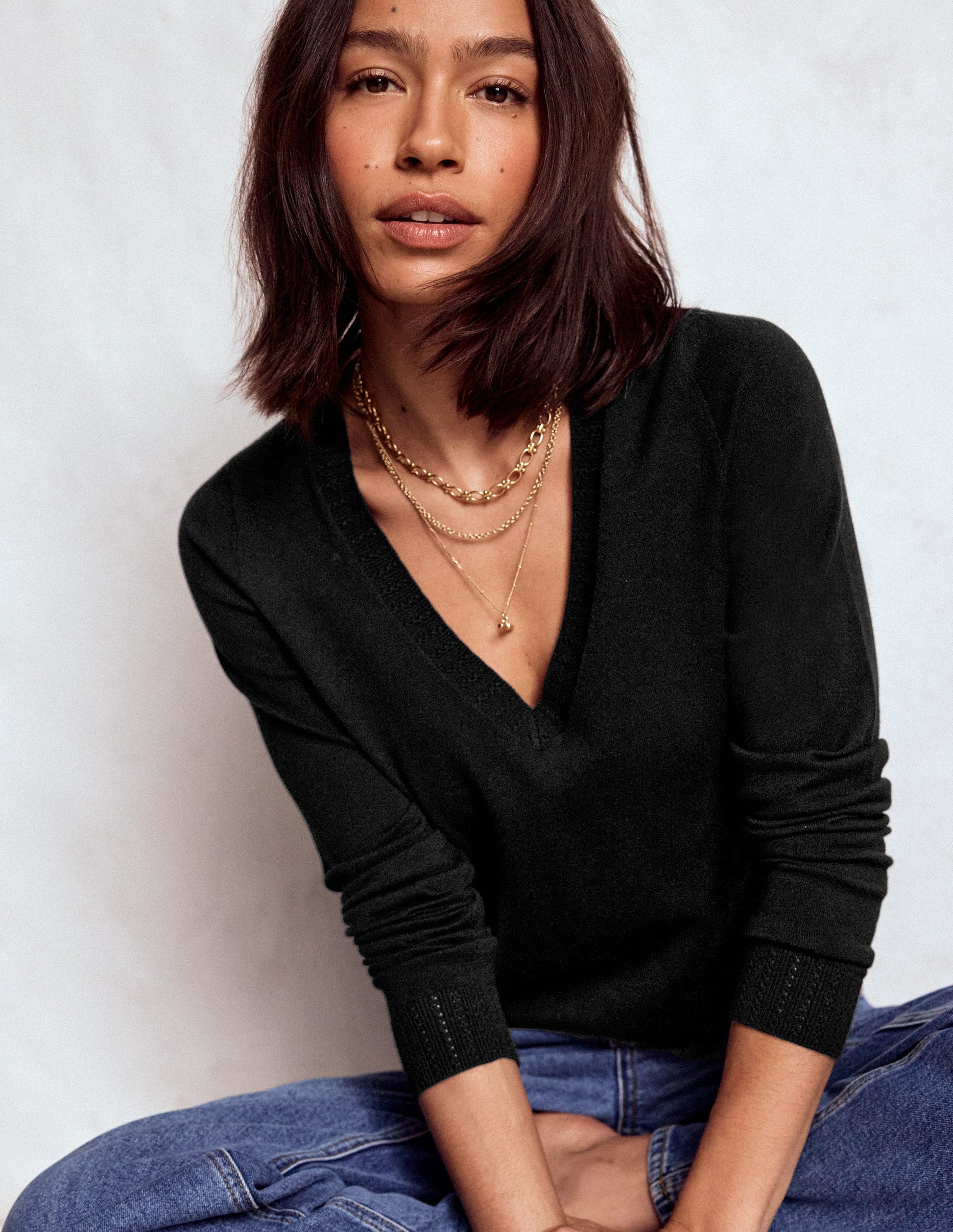 Emilia Cotton V Neck Sweater-Black-1