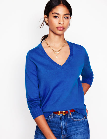 Emilia Cotton V Neck Sweater-Bright Blue