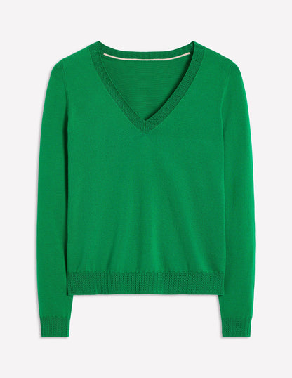 Emilia Cotton V Neck Sweater-Rich Emerald