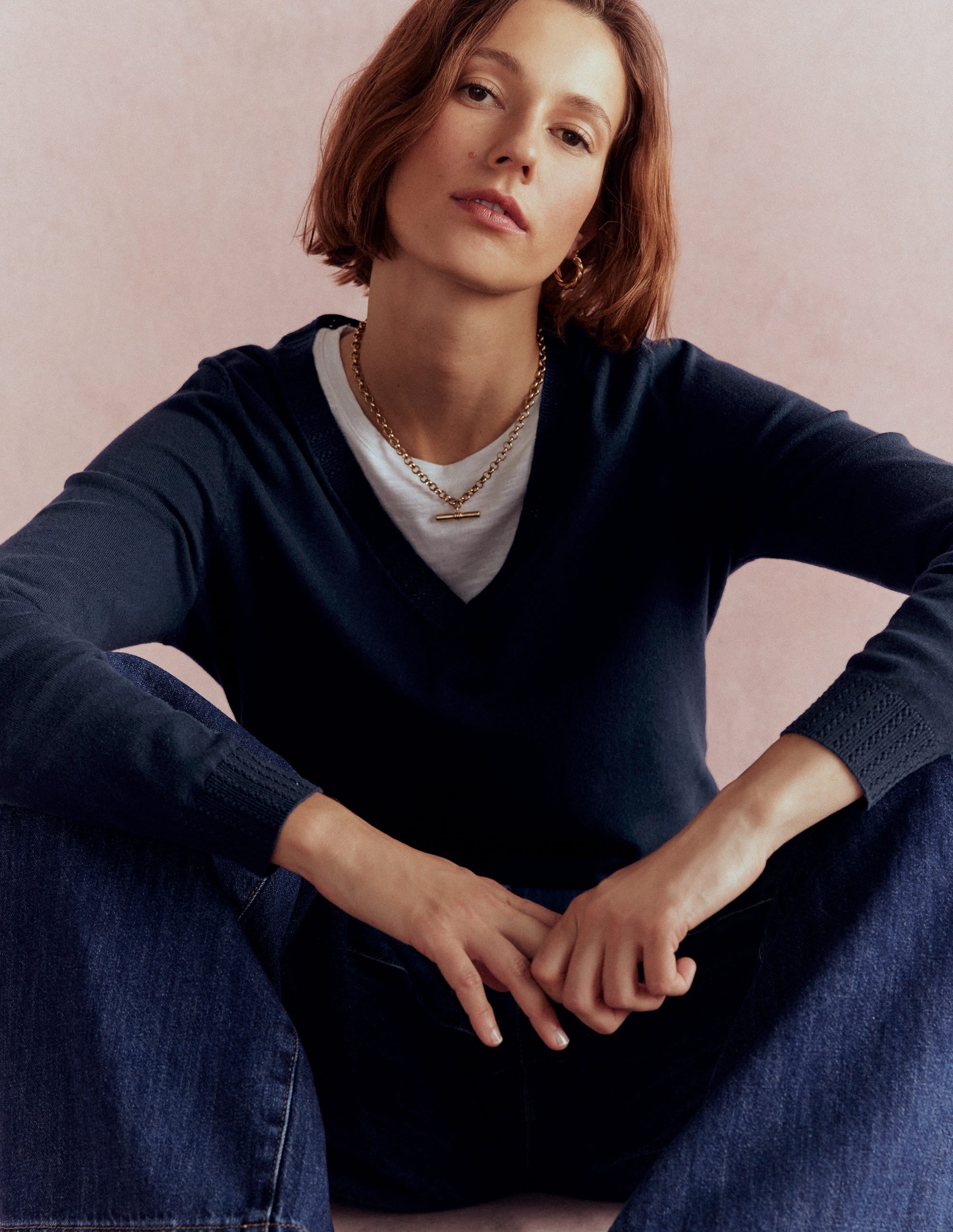 Emilia Cotton V Neck Sweater-Navy | Boden USA