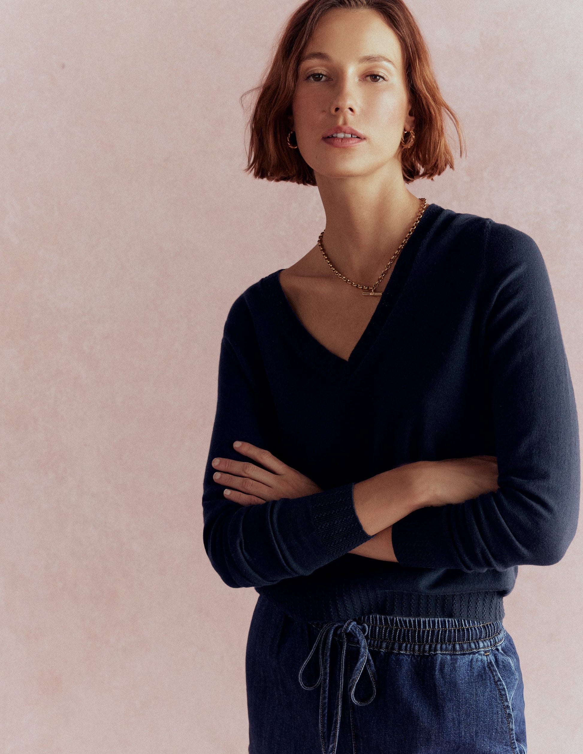 navy dress sweater Emilia Cotton V Neck Sweater-Navy