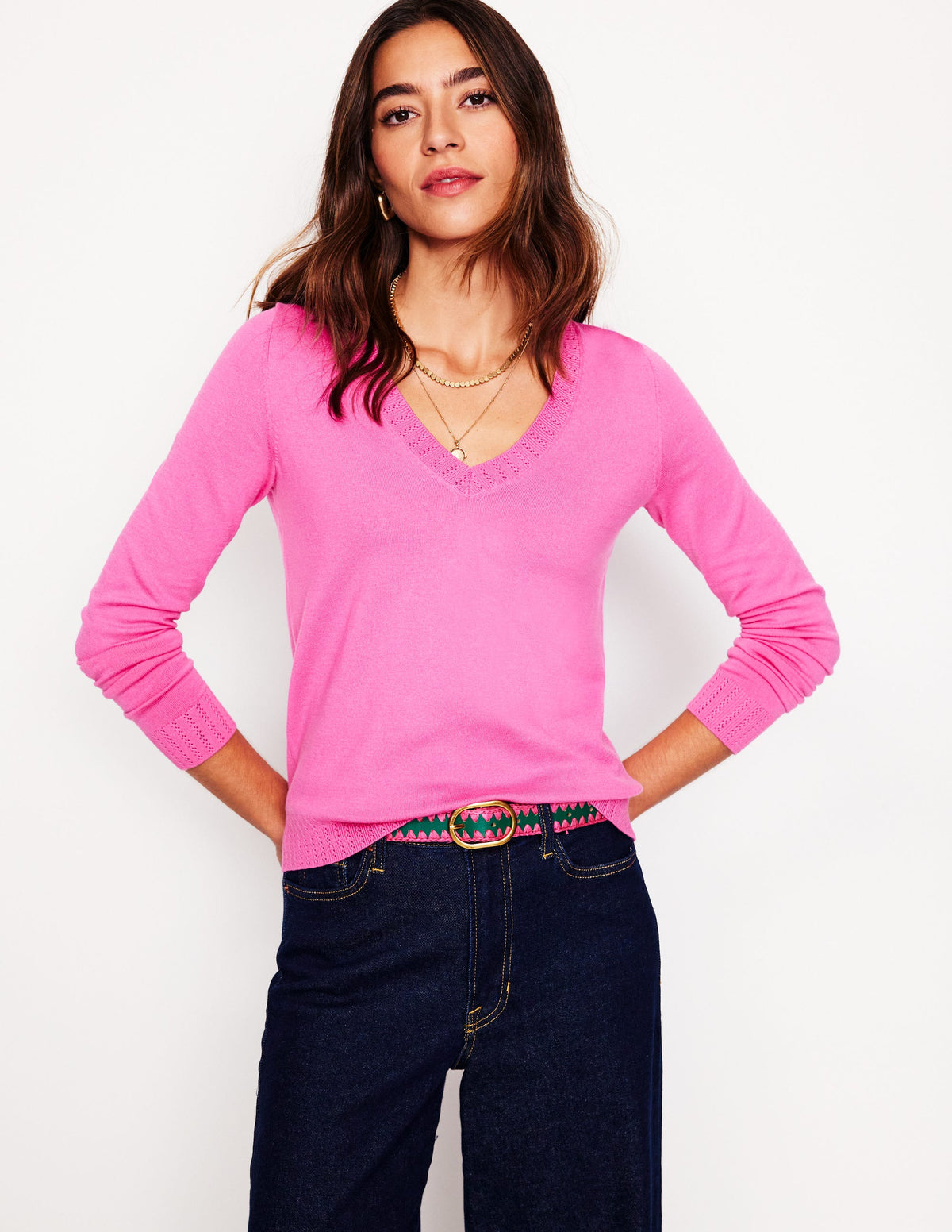 Emilia Cotton V Neck Sweater-Tickled Pink - Image 1