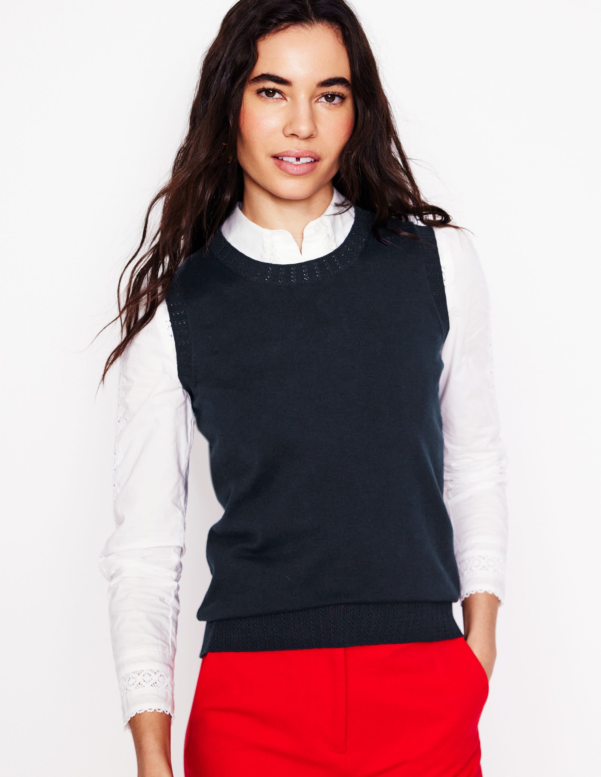 Emilia Cotton Crew Neck Vest-Navy - Image 2