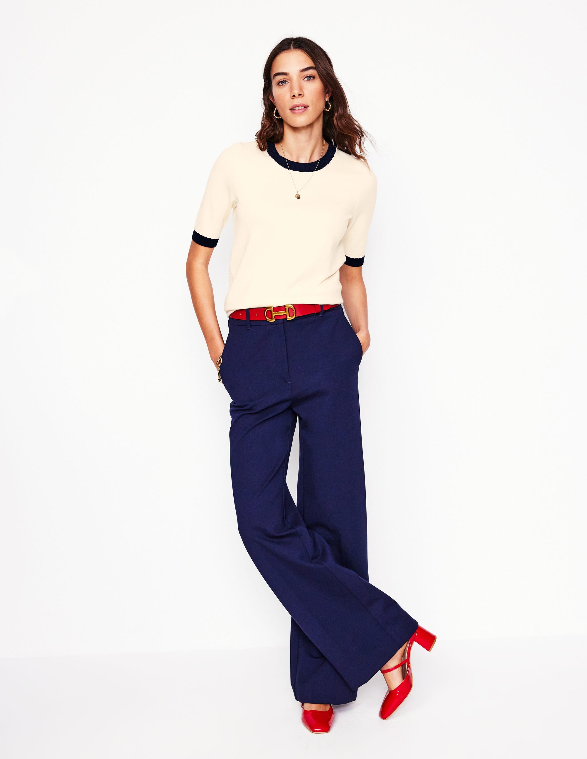 Emilia Cotton Crew T-shirt-Warm Ivory, Navy - Image 4